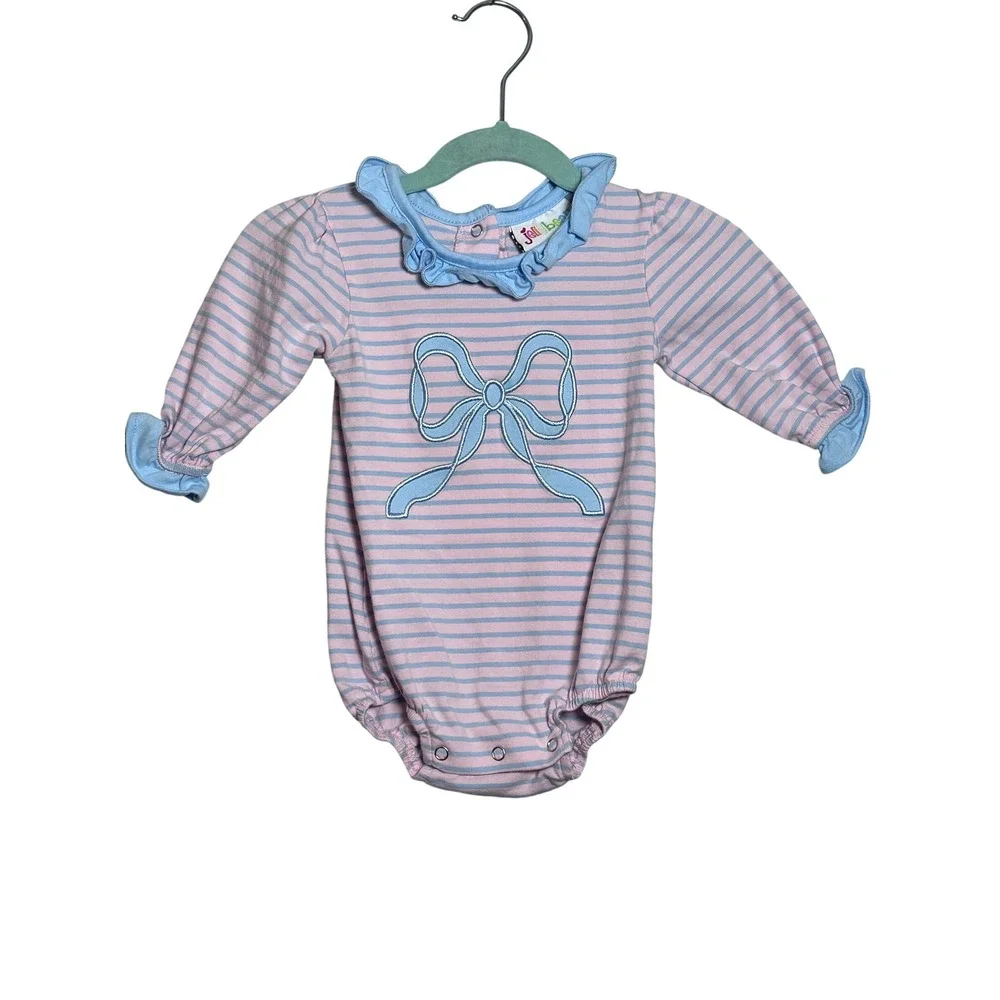 Jellybean Baby Girls‎ Pink Stripe Blue Bow Romper Sleepsuit 6M